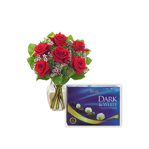 6 Red Roses Vase with Alfredo Dark & White Chocolate Send to Manila Philippines