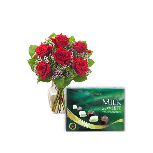 6 Red Roses Vase with Alfredo Milk & White Chocolate Send to Manila Philippines