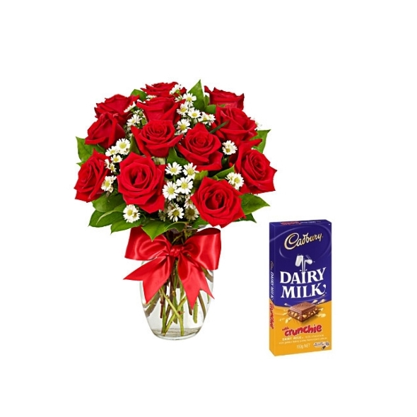 12 Roses Vase With Cadbury: Dairy Milk Send to Manila Philippines