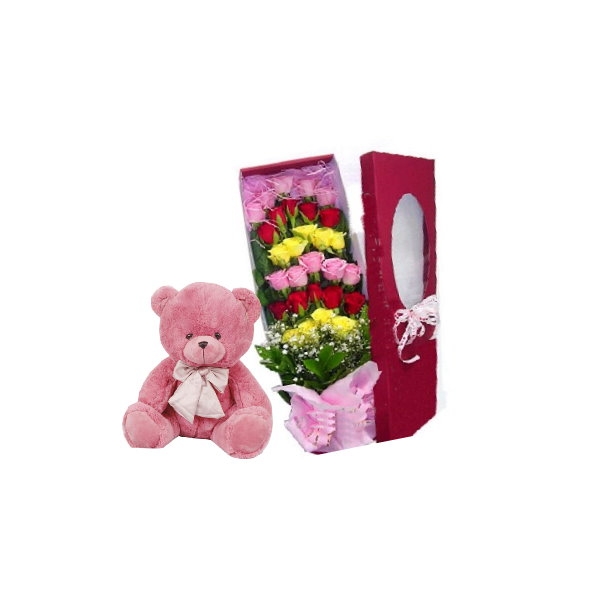24 Mixed Roses with Pink Teddy Bear Send to Manila Philippines