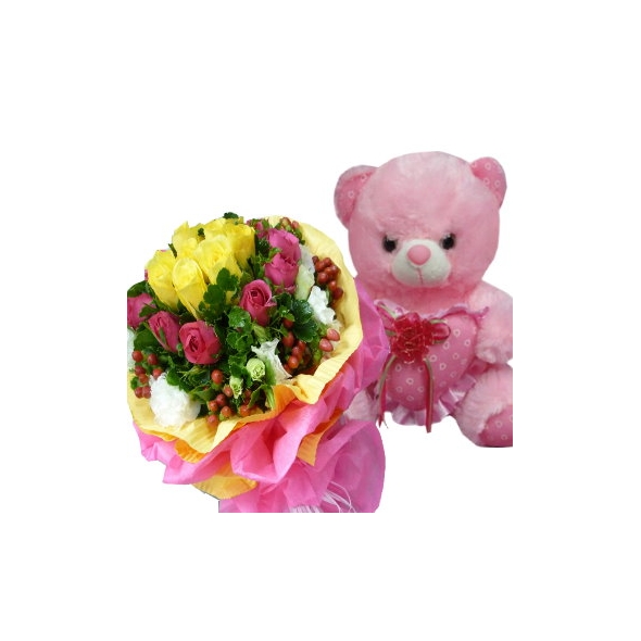 roses with Pink Bear Send to Manila