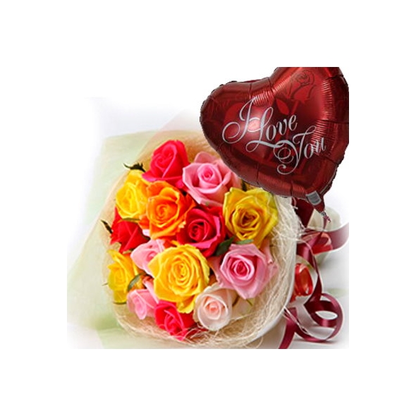 12 Pink,Red,Yellow mixed color rose bouquet with romantic balloon send philippines