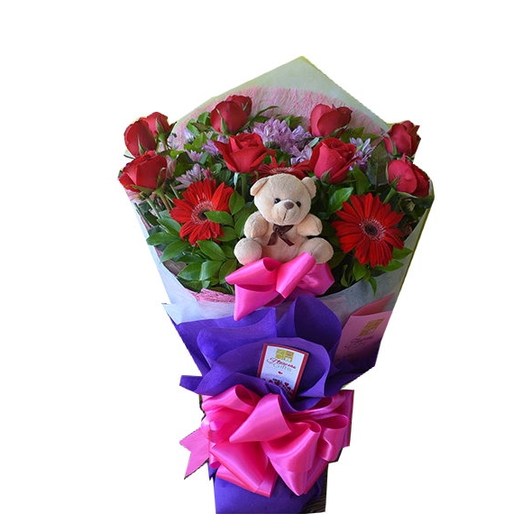 12 Red Roses Bouquet with Bear and Gerbera