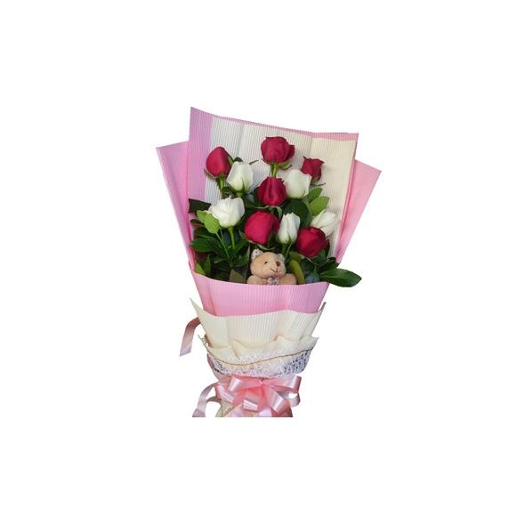 6 Red and 6 White Roses Bouquet with Bear