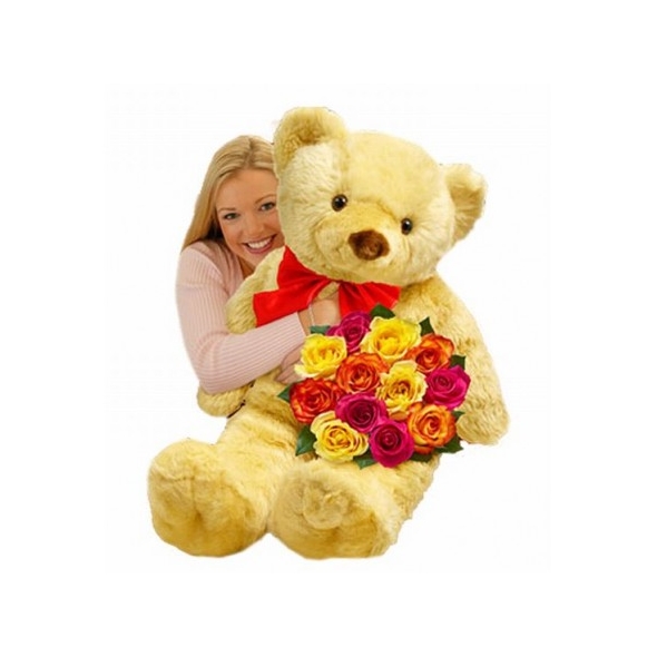 Big Bear with 12 Mixed Roses Bouquet