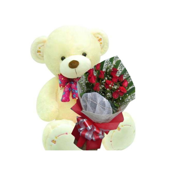 Big Cute Bear with 12 Red Roses Bouquet