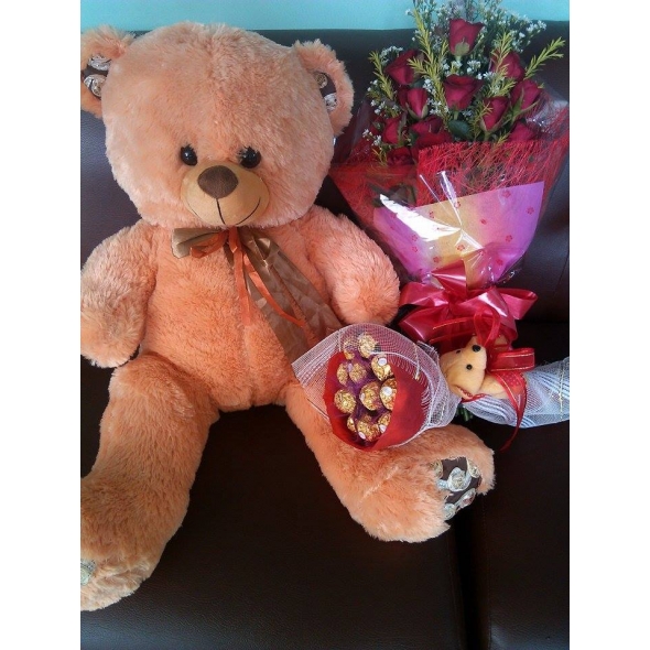 Big Pink Bear with 12 Red Roses and Ferrero Rocher Bouquet