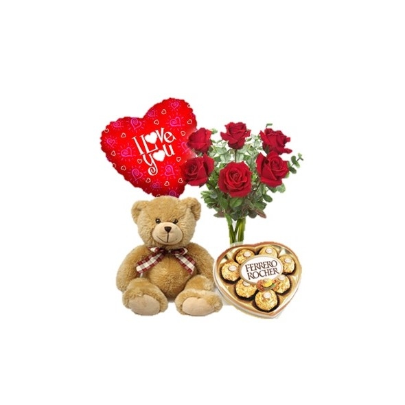 6 Red Roses Vase,Brown Bear,Ferrero Rocher Chocolate Box with I Love U Balloon