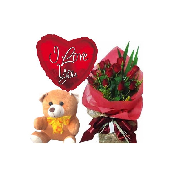 12 Red Roses,Cute Bear with I Love u Balloon