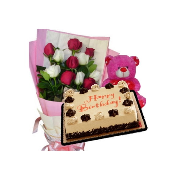 12 Red and White Roses Bouquet,Pink Bear with Happy Birthday Cake