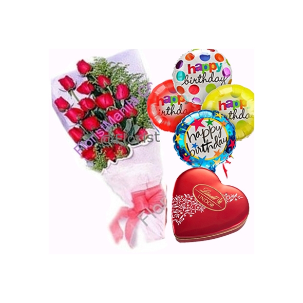12 Red Roses with Chocolate and Balloon