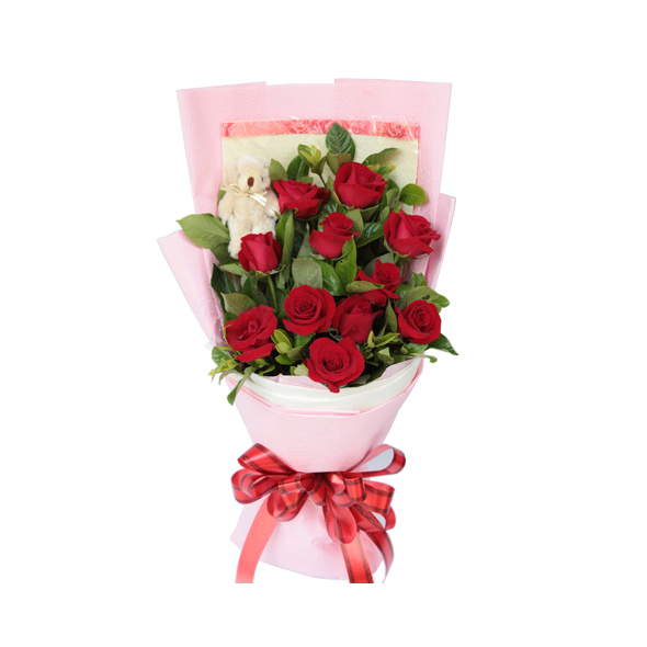 24 Bright Red Roses in Bouquet w/teddy bear Online Delivery to Manila Philippines